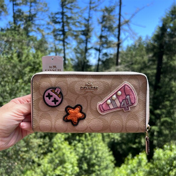 Coach Handbags - COACH Long Zip-Around Wallet Signature Canvas Khaki with Varsity Patches AUTHNTC